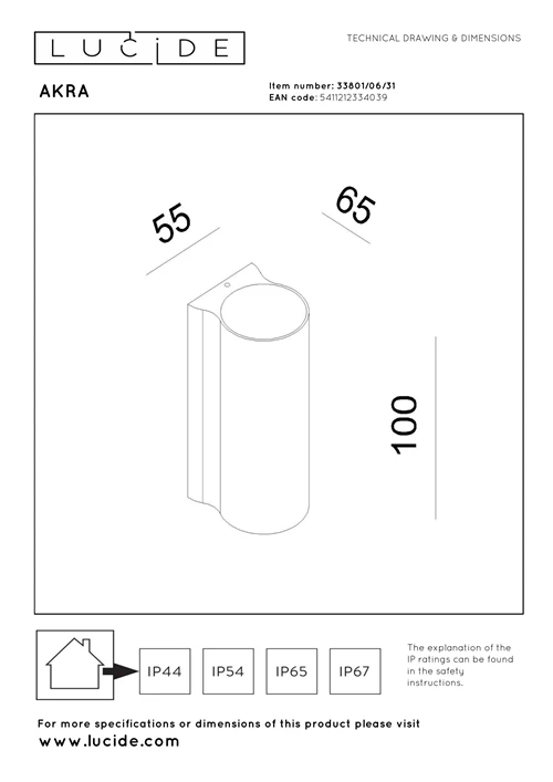 Lucide AKRA - Applique murale Intérieur/Extérieur - LED - 1x6W 2700K - IP54 - Blanc - technique